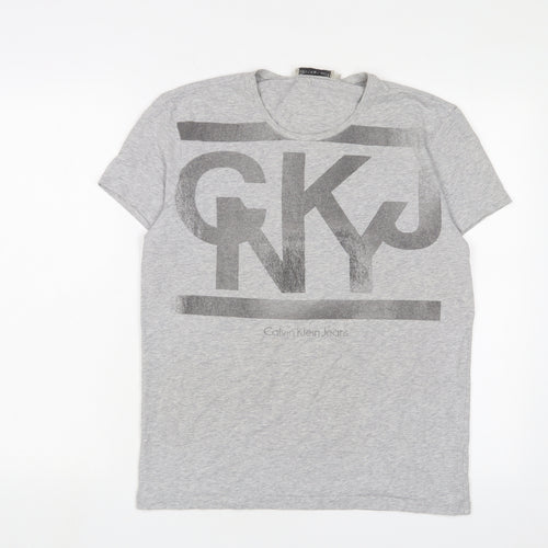 Calvin Klein Mens Grey Cotton T-Shirt Size L Crew Neck - Logo