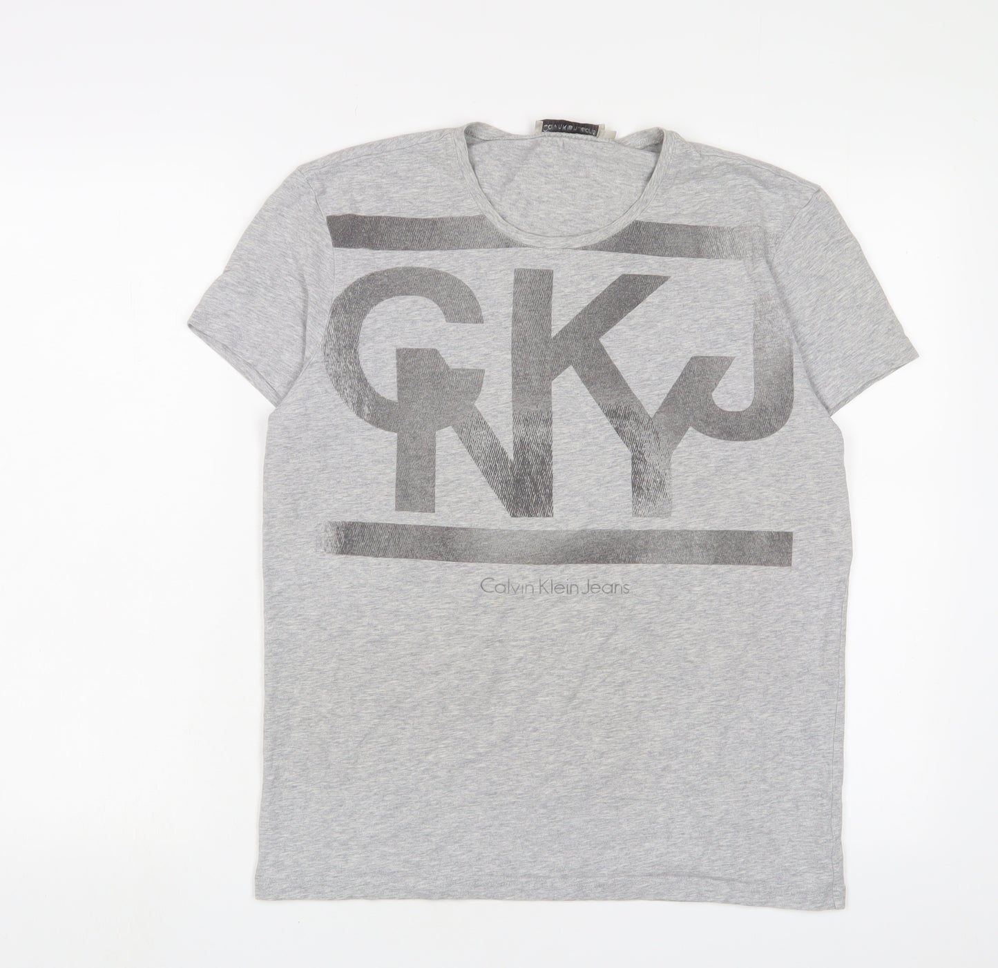 Calvin Klein Mens Grey Cotton T-Shirt Size L Crew Neck - Logo