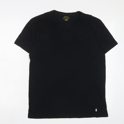 Polo Ralph Lauren Mens Black Cotton T-Shirt Size L V-Neck - Logo, Embroidered