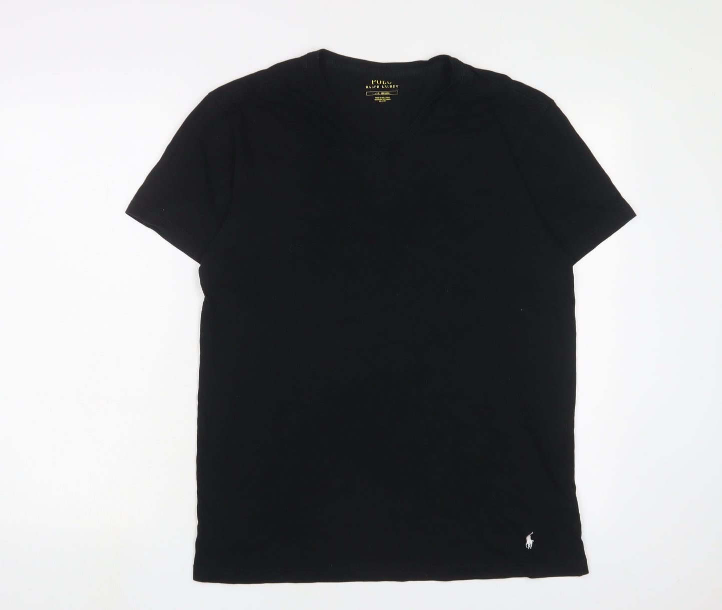 Polo Ralph Lauren Mens Black Cotton T-Shirt Size L V-Neck - Logo, Embroidered