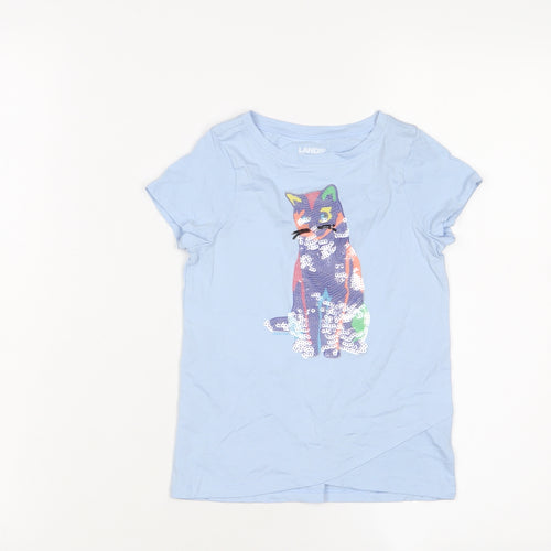 landse' Girls Blue Cotton Basic T-Shirt Size 4-5 Years Crew Neck Pullover - Cat Sequins