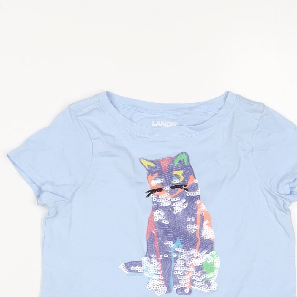 landse' Girls Blue Cotton Basic T-Shirt Size 4-5 Years Crew Neck Pullover - Cat Sequins