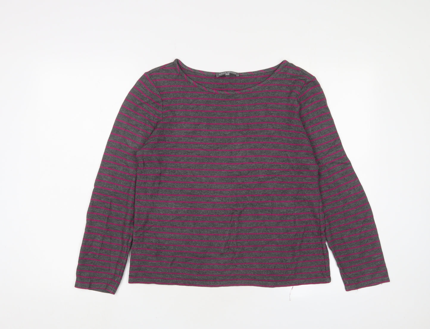 Laura Ashley Womens Grey Collared Striped Viscose Pullover Jumper Size 10