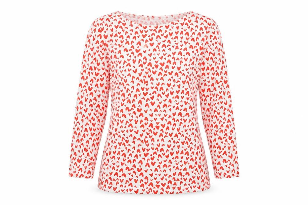 Marks and Spencer Womens Red Geometric Cotton Basic T-Shirt Size 8 Boat Neck - Hearts
