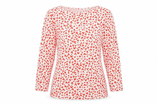 Front view of Marks & Spencer women’s red geometric cotton basic t-shirt, size UK 8, boat neck - hearts