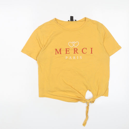 New Look Womens Yellow Cotton Cropped T-Shirt Size 8 Crew Neck - Merci