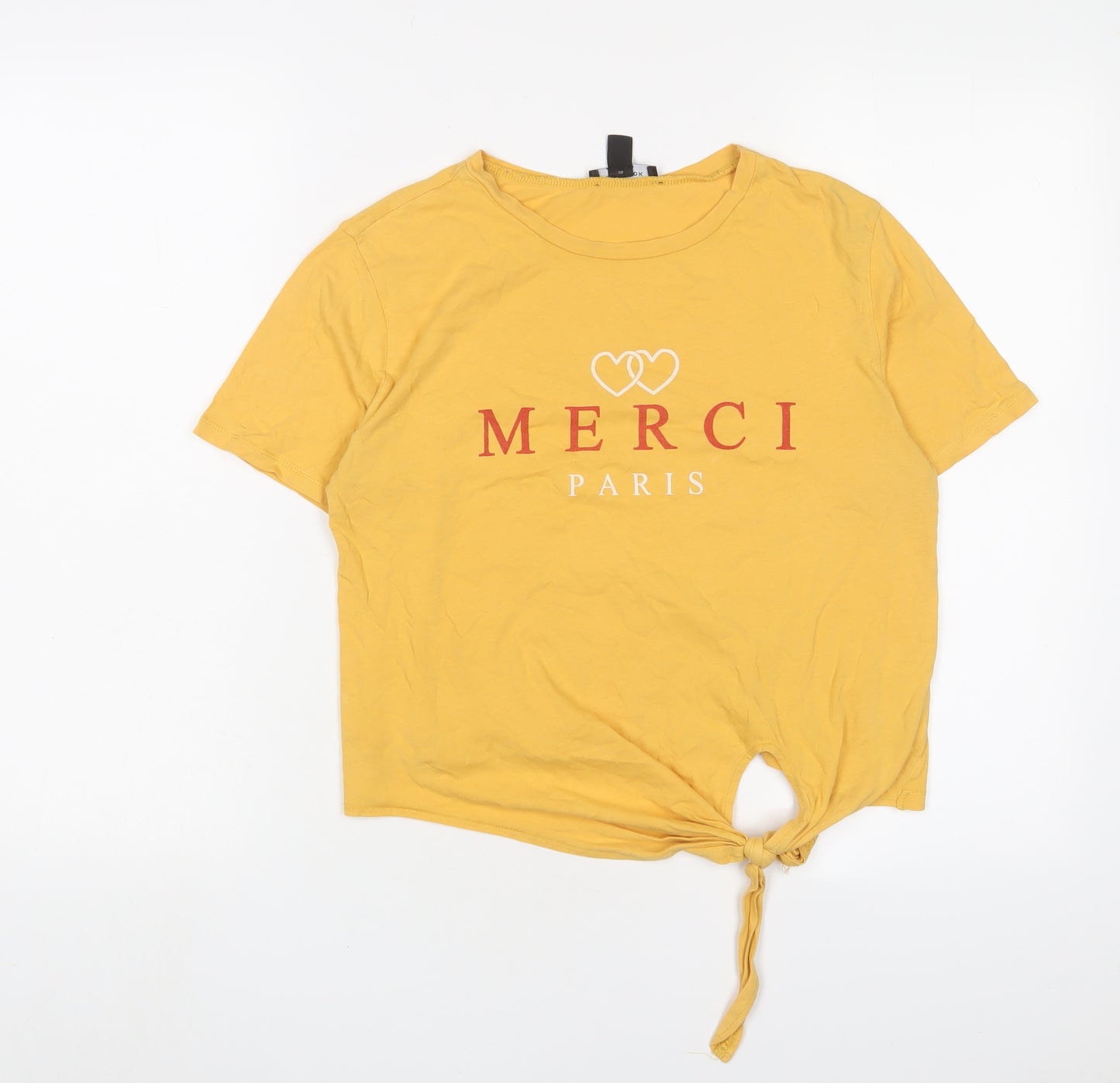 New Look Womens Yellow Cotton Cropped T-Shirt Size 8 Crew Neck - Merci