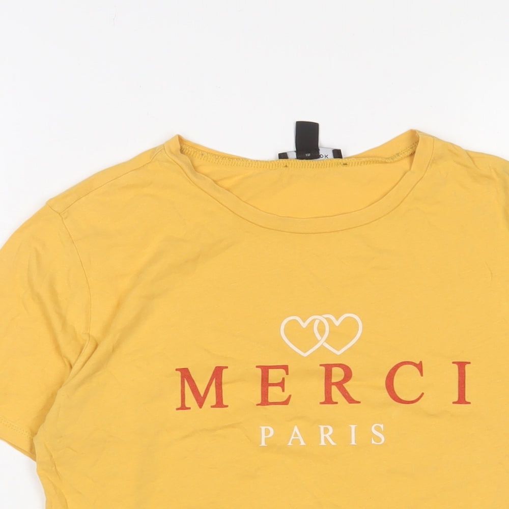 New Look Womens Yellow Cotton Cropped T-Shirt Size 8 Crew Neck - Merci