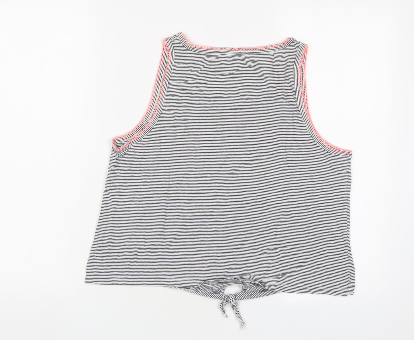 NEXT Girls Black Striped Cotton Basic T-Shirt Size 16 Years Scoop Neck Pullover - Tie Front