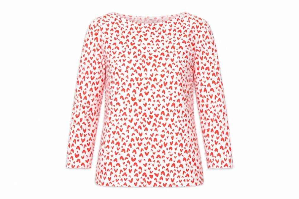 Marks and Spencer Womens Red Geometric Cotton Basic T-Shirt Size 8 Boat Neck - Hearts