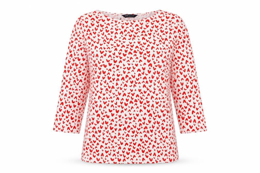 Marks and Spencer Womens Red Geometric Cotton Basic T-Shirt Size 10 Boat Neck - Hearts