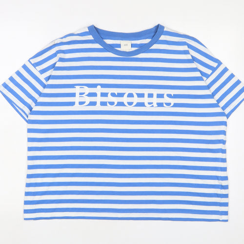 H&M Womens Blue Striped Cotton Basic T-Shirt Size M Crew Neck - Biscous