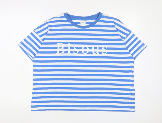 H&M Womens Blue Striped Cotton Basic T-Shirt Size M Crew Neck - Biscous