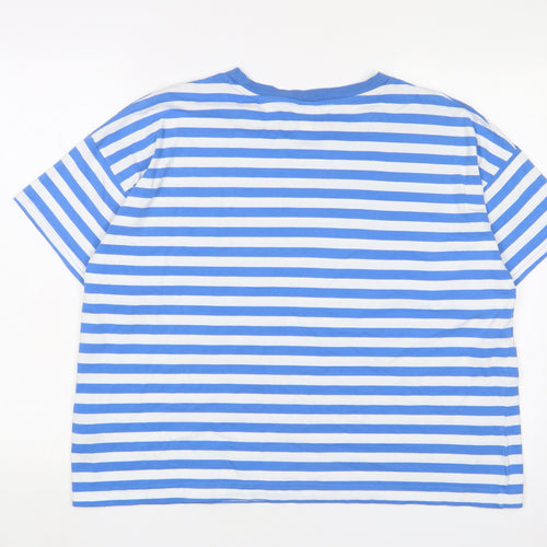 H&M Womens Blue Striped Cotton Basic T-Shirt Size M Crew Neck - Biscous