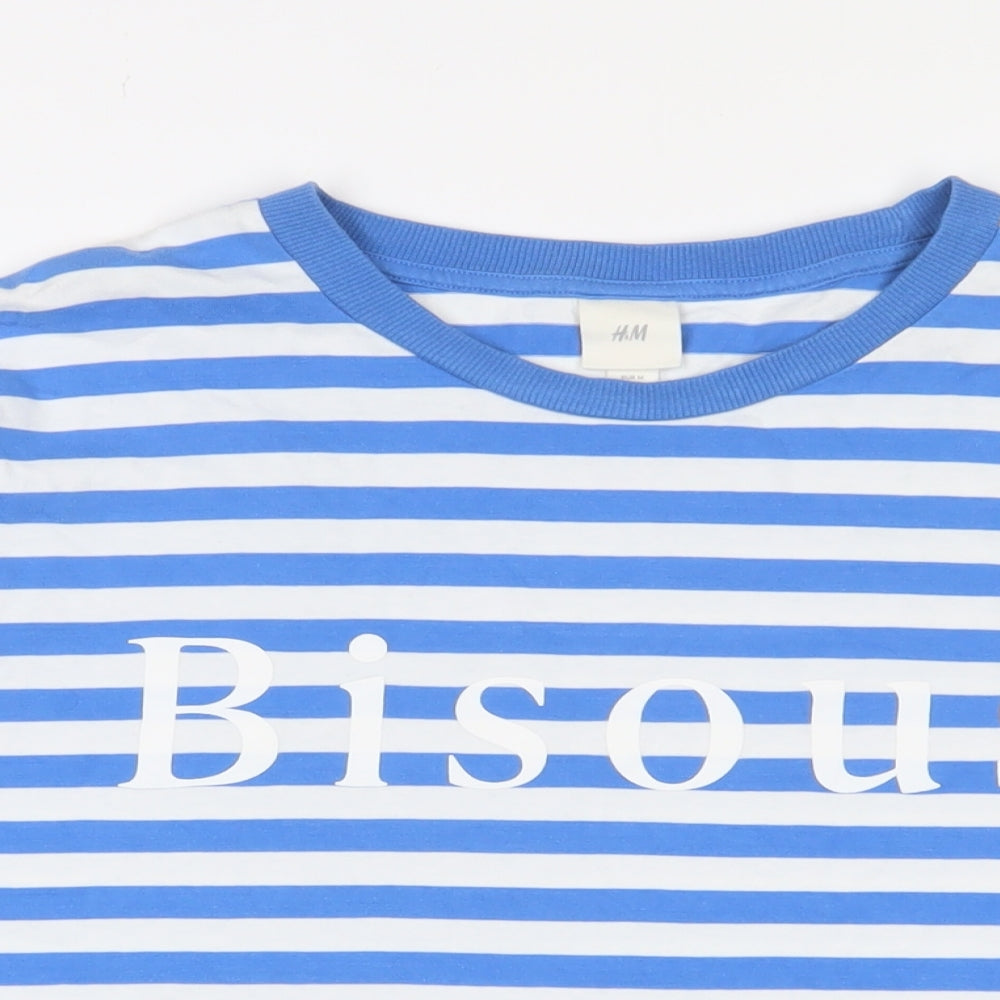 H&M Womens Blue Striped Cotton Basic T-Shirt Size M Crew Neck - Biscous