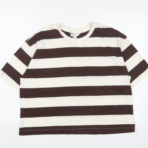 Marks and Spencer Womens Brown Striped Cotton Cropped T-Shirt Size 16 Crew Neck