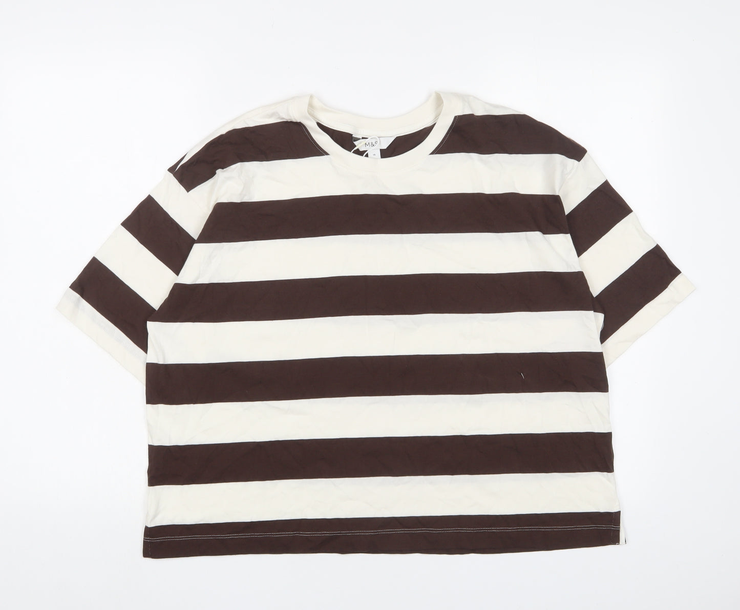 Marks and Spencer Womens Brown Striped Cotton Cropped T-Shirt Size 16 Crew Neck