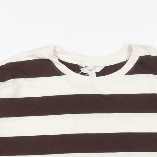 Marks and Spencer Womens Brown Striped Cotton Cropped T-Shirt Size 16 Crew Neck