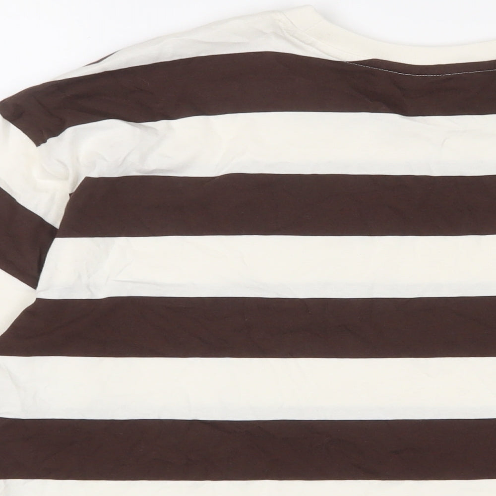 Marks and Spencer Womens Brown Striped Cotton Cropped T-Shirt Size 16 Crew Neck