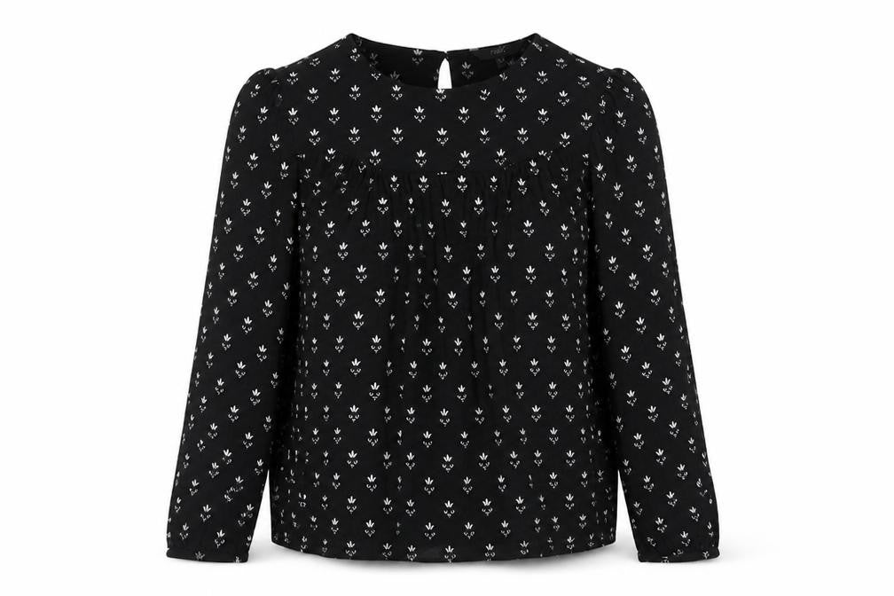 Front view of Next women’s black floral viscose basic blouse, size UK 10, crew neck - pleated