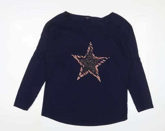 NEXT Womens Blue Viscose Basic T-Shirt Size 14 Boat Neck - Embroidered Star