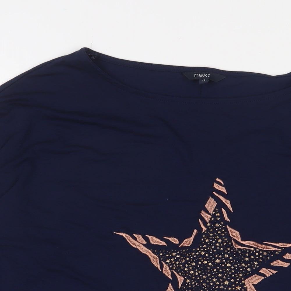 NEXT Womens Blue Viscose Basic T-Shirt Size 14 Boat Neck - Embroidered Star