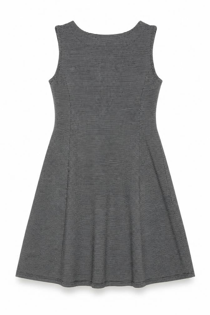 Front view of Navy & Navy women’s black striped polyester skater dress, size M, boat neck pullover