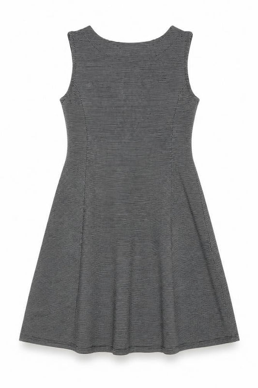 Front view of Navy & Navy women’s black striped polyester skater dress, size M, boat neck pullover