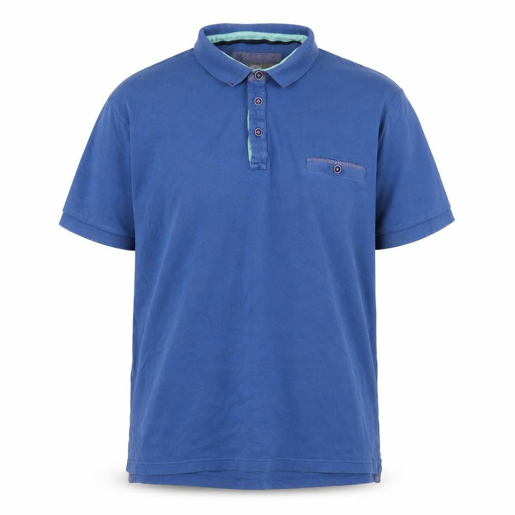 Front view of Peter Gribby men’s blue cotton polo, size L, collared button