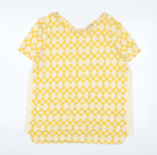 Marks and Spencer Womens Yellow Geometric Viscose Basic T-Shirt Size 14 Boat Neck