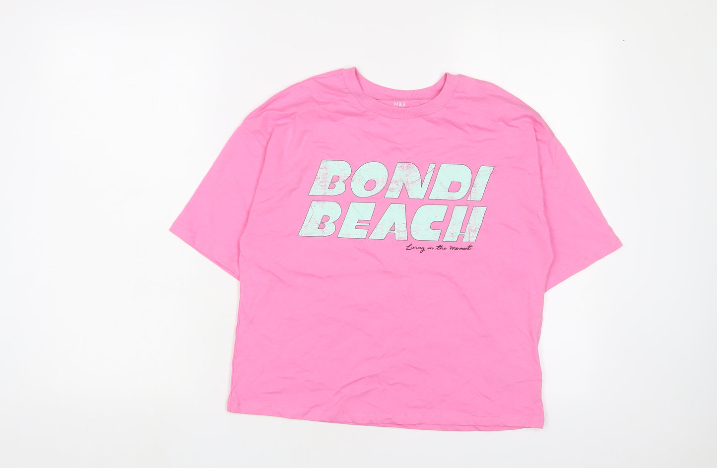 Marks and Spencer Girls Pink Cotton Basic T-Shirt Size 12-13 Years Crew Neck Pullover - Bondi Beach