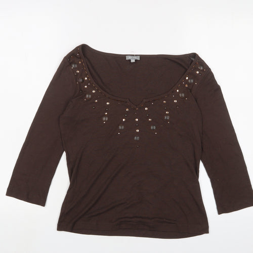 Per Una Womens Brown Cotton Basic T-Shirt Size 10 Scoop Neck - Beaded