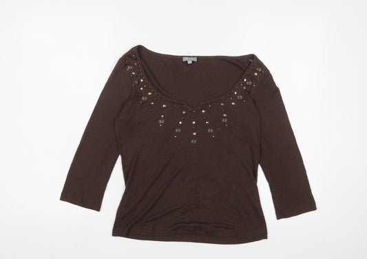 Per Una Womens Brown Cotton Basic T-Shirt Size 10 Scoop Neck - Beaded