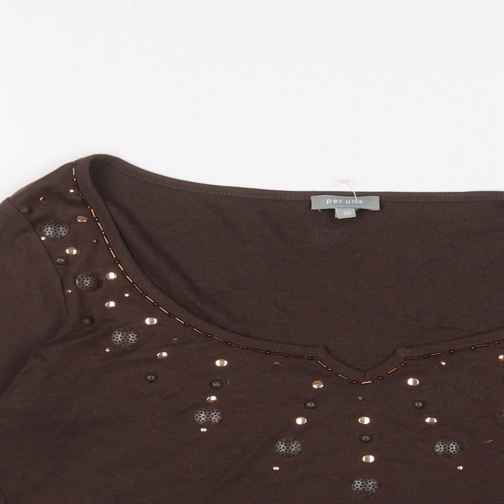 Per Una Womens Brown Cotton Basic T-Shirt Size 10 Scoop Neck - Beaded