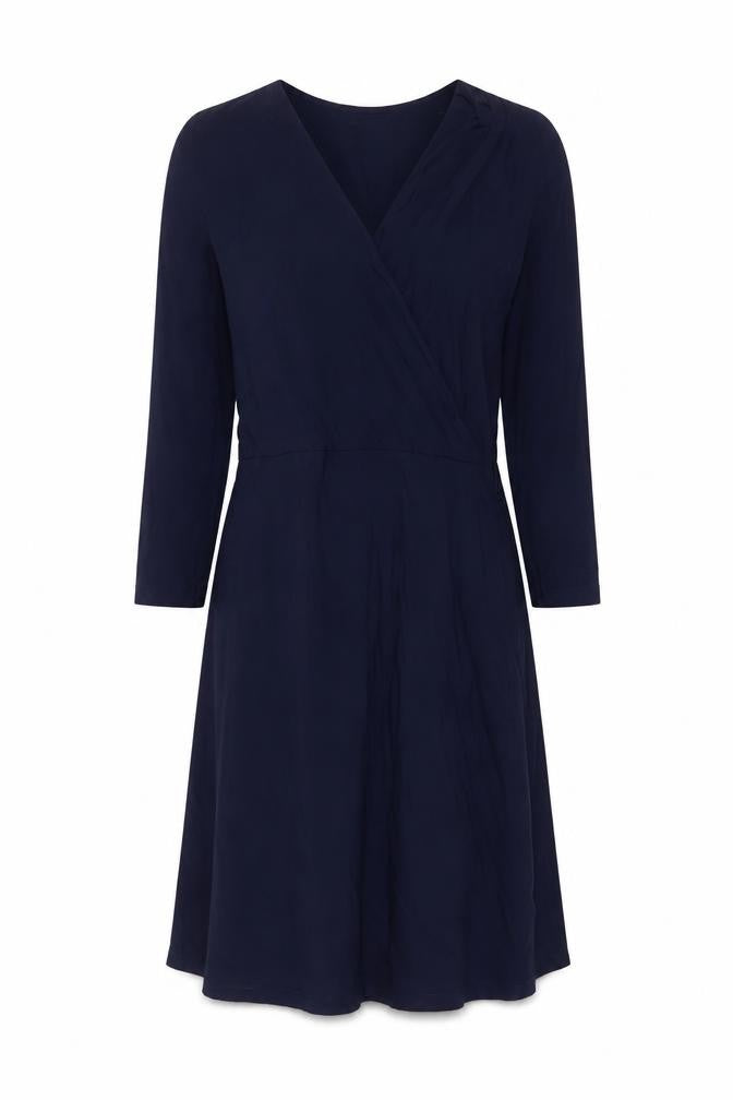 Front view of Warehouse women’s blue viscose a-line, size UK 12, v-neck pullover