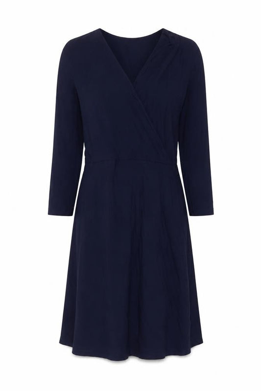 Front view of Warehouse women’s blue viscose a-line, size UK 12, v-neck pullover
