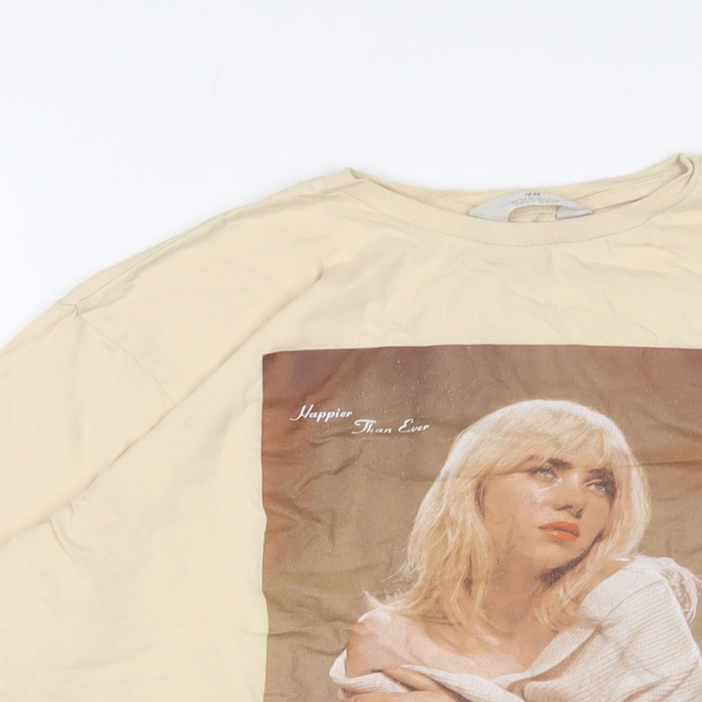 H&M Girls Yellow Cotton Basic T-Shirt Size 12-13 Years Crew Neck Pullover - Happier than ever