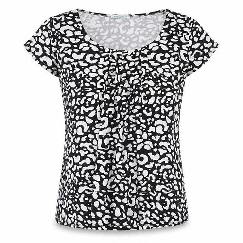 Marks and Spencer Womens Black Geometric Viscose Basic T-Shirt Size 12 Scoop Neck - Pleated