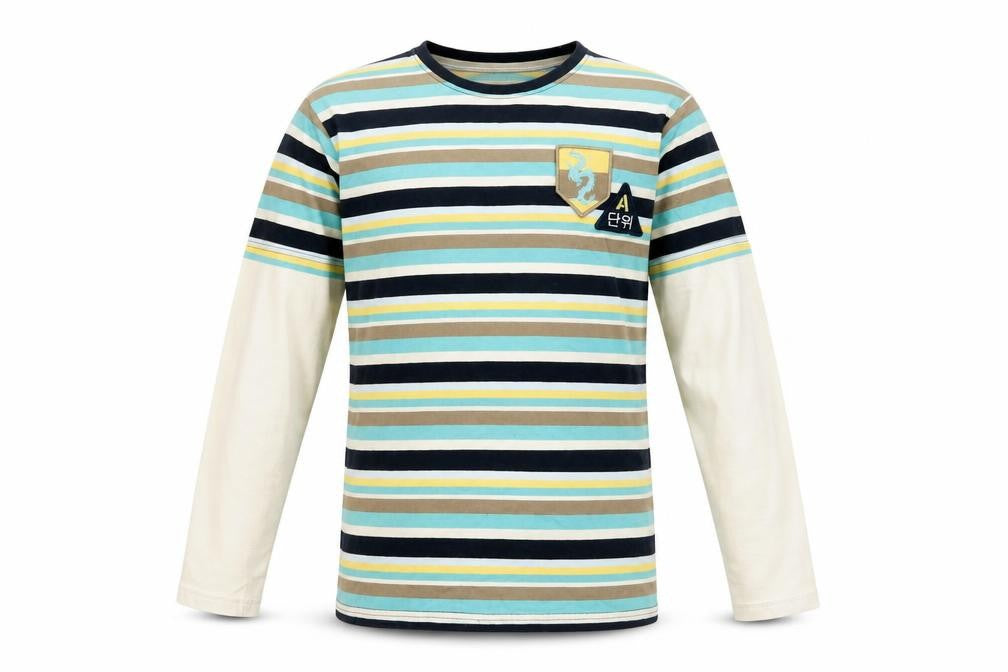 Front view of Next boys’ multicoloured striped cotton basic casual, size 12, years crew neck pullover - logo, embroidered