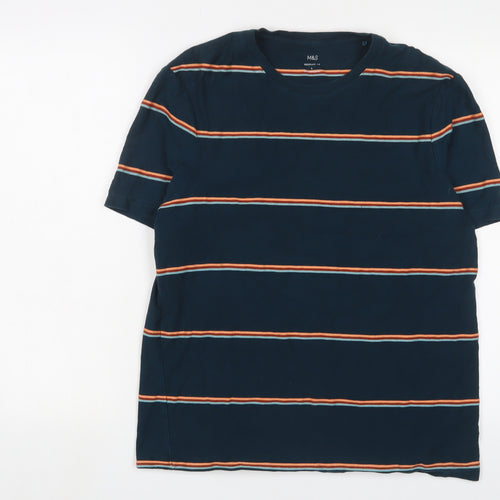 Marks and Spencer Mens Green Striped Cotton T-Shirt Size L Crew Neck