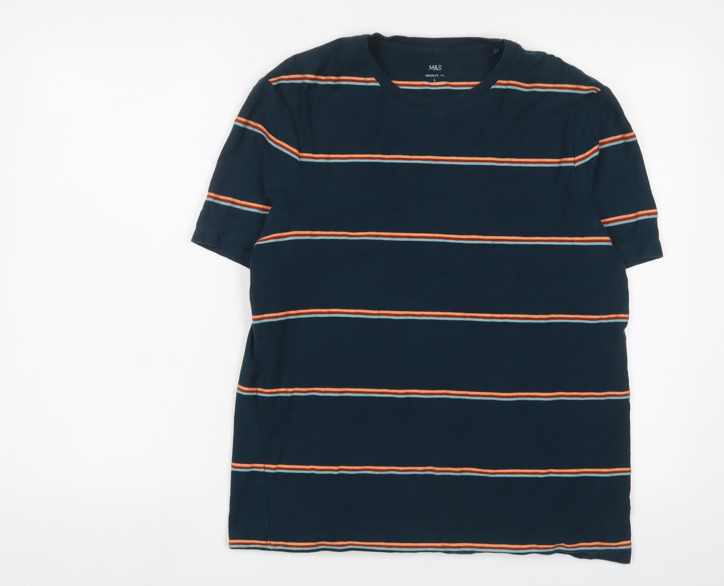 Marks and Spencer Mens Green Striped Cotton T-Shirt Size L Crew Neck