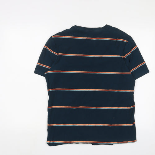 Marks and Spencer Mens Green Striped Cotton T-Shirt Size L Crew Neck