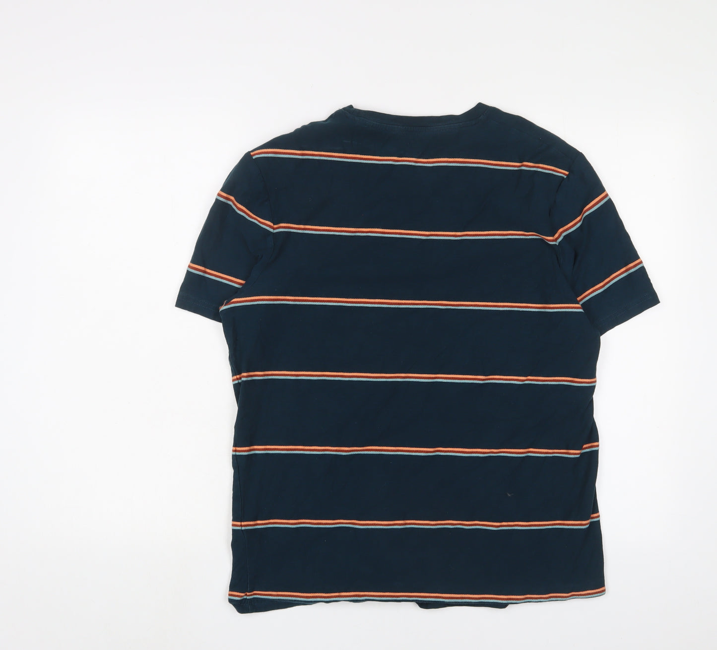 Marks and Spencer Mens Green Striped Cotton T-Shirt Size L Crew Neck