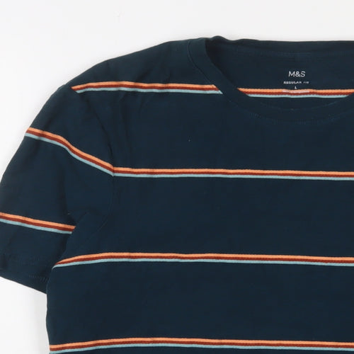 Marks and Spencer Mens Green Striped Cotton T-Shirt Size L Crew Neck