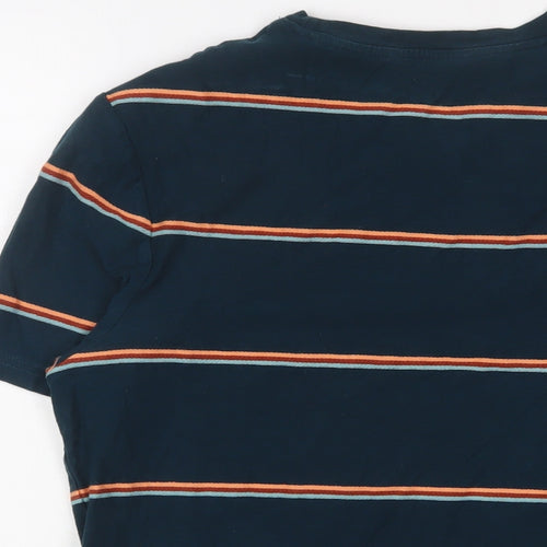Marks and Spencer Mens Green Striped Cotton T-Shirt Size L Crew Neck