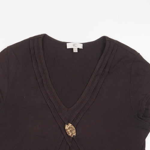 Cc Womens Brown Viscose Basic T-Shirt Size M V-Neck - Embroidered