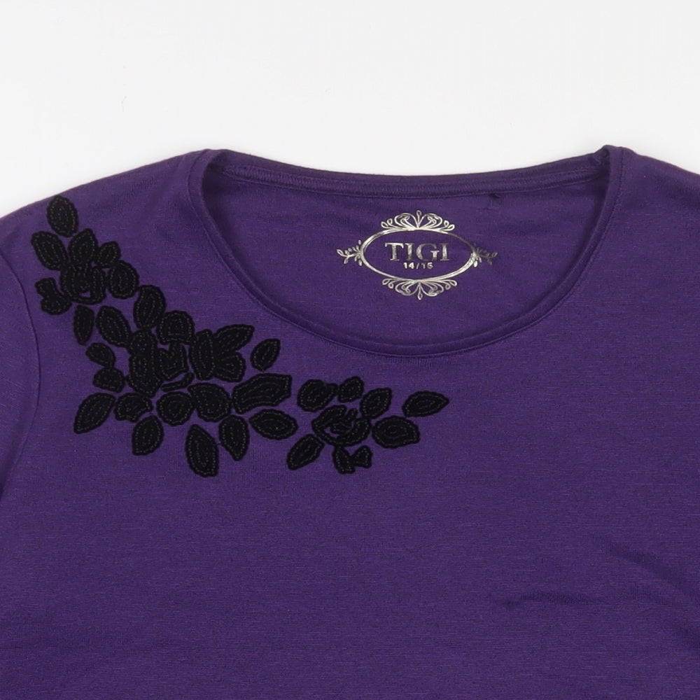 TIGI Womens Purple Polyester Basic T-Shirt Size 14 Crew Neck - Embroidered