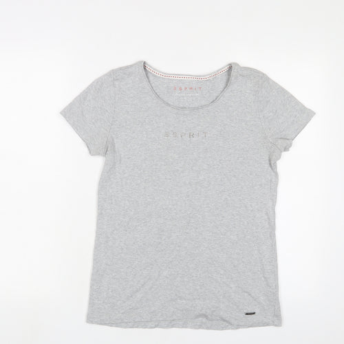 Esprit Womens Grey Cotton Basic T-Shirt Size M Crew Neck - Beaded Logo