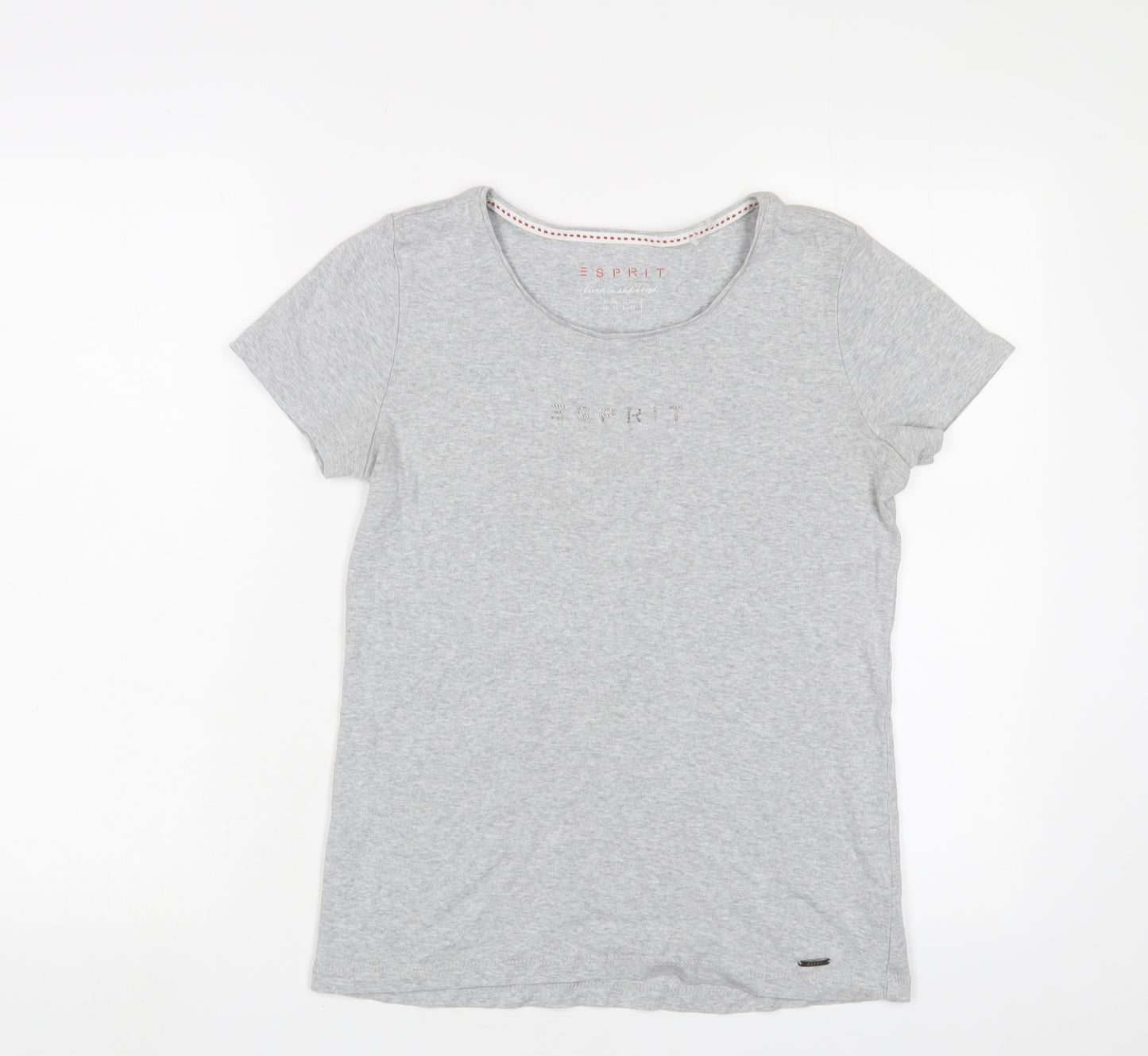 Esprit Womens Grey Cotton Basic T-Shirt Size M Crew Neck - Beaded Logo