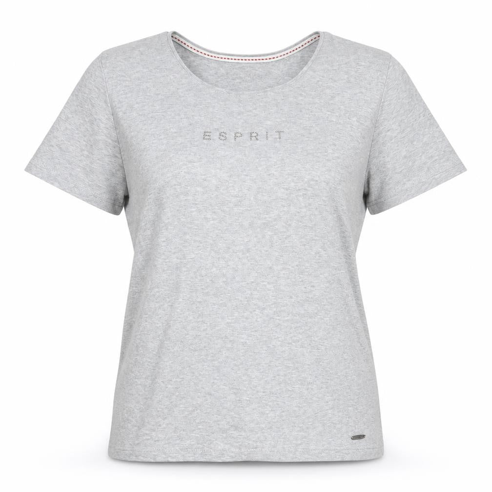Front view of ESPRIT women’s grey cotton basic t-shirt, size M, crew neck - beaded logo